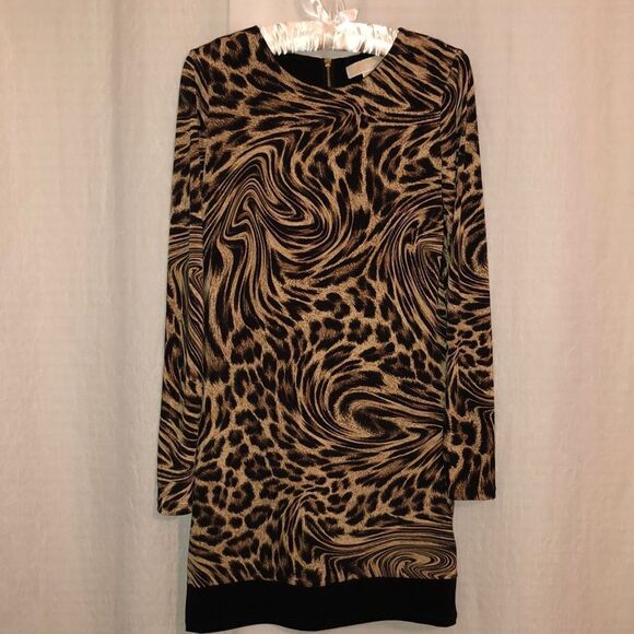 MK S Leopard Print Black Ivory Tan Long Sleeve Back Zip Jersey Shift Dress - Picture 1 of 14